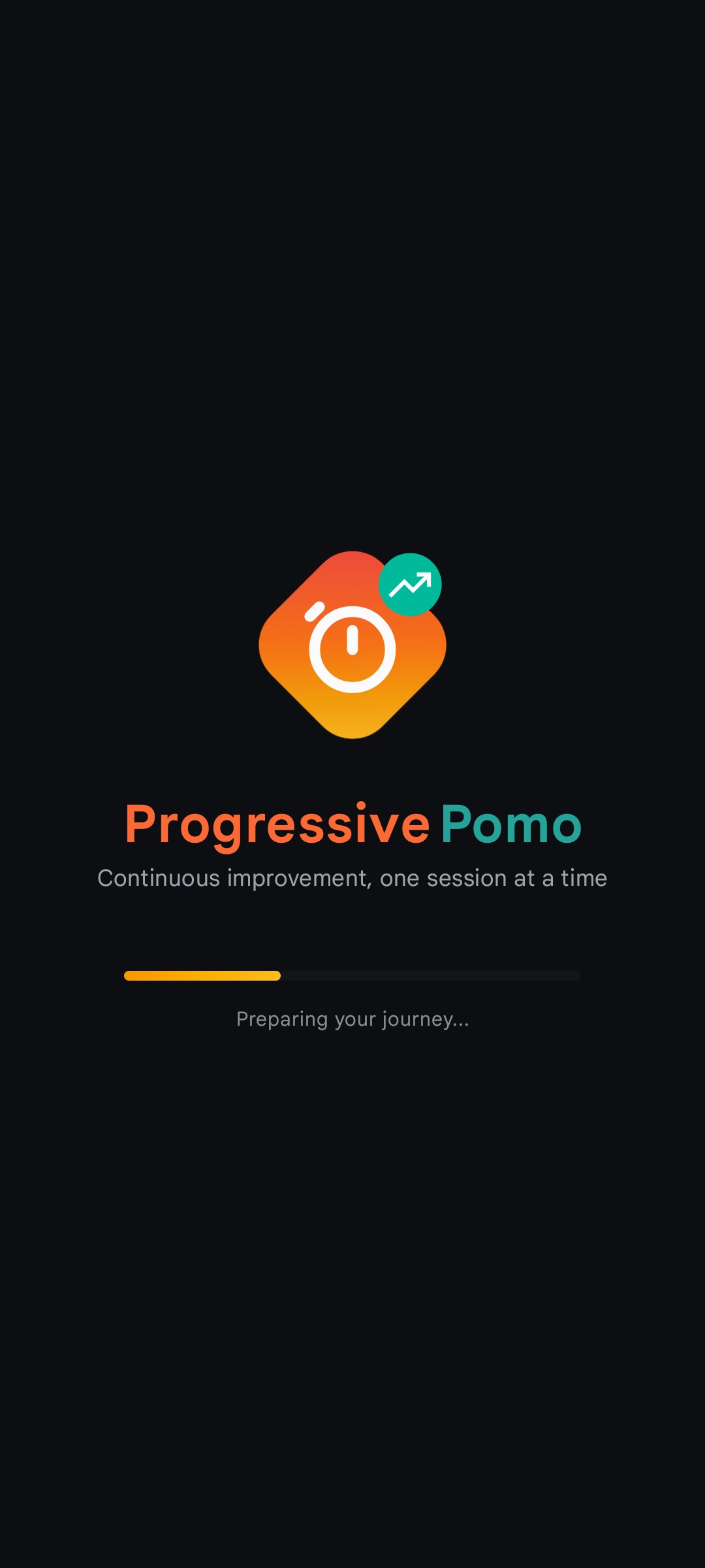 Progressive Pomo app — adaptive focus timer home screen