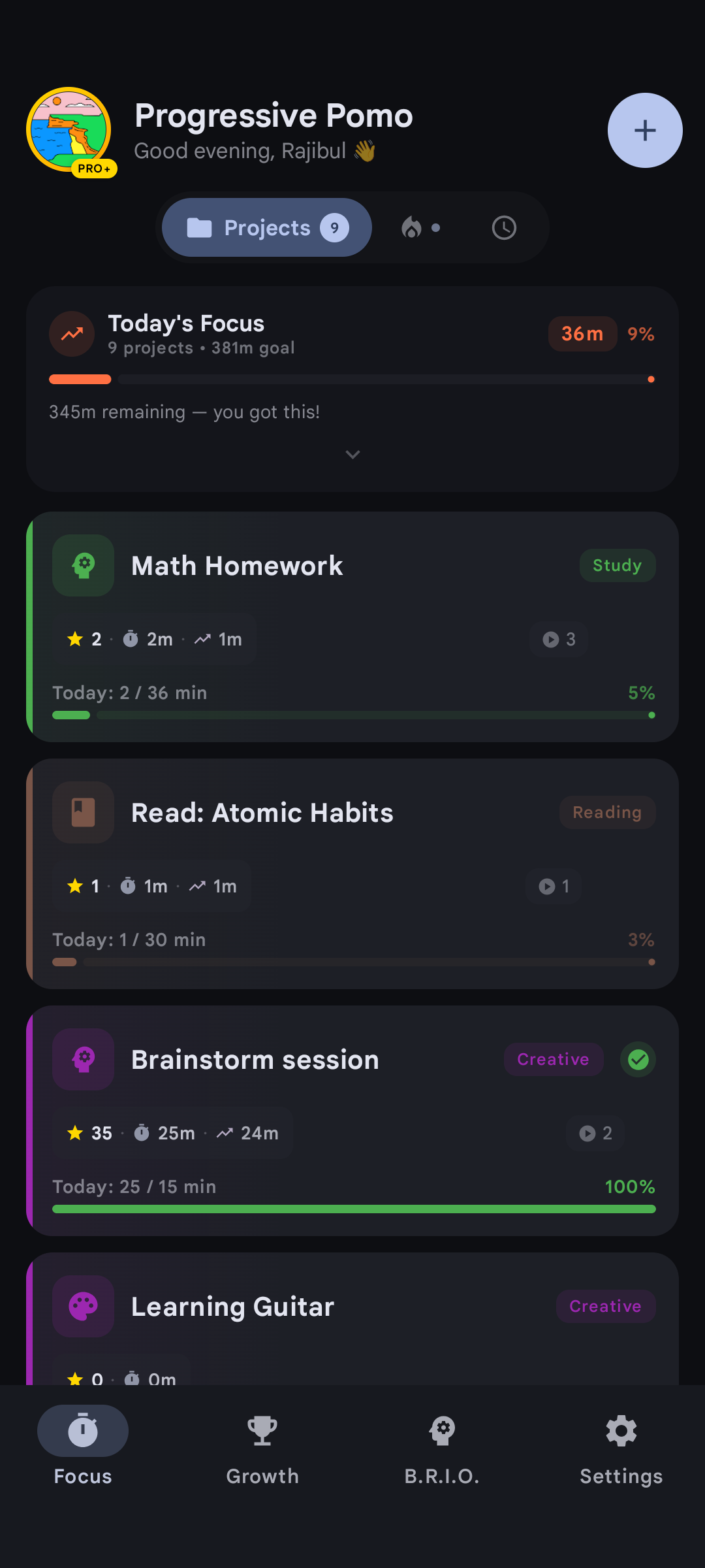 Progressive Pomo — focus session timer screen
