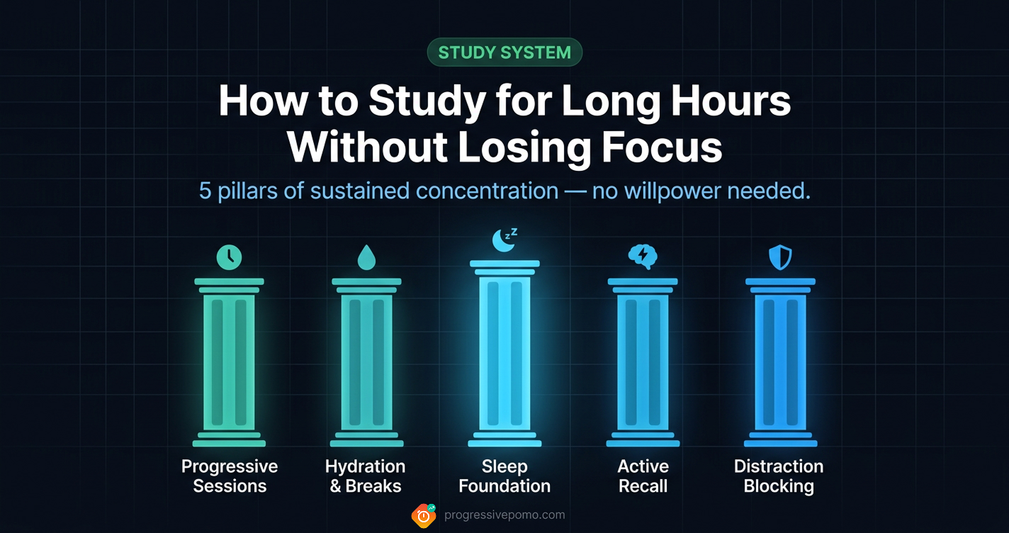 How to Study for Long Hours Without Losing Focus — study session structure and focus training guide