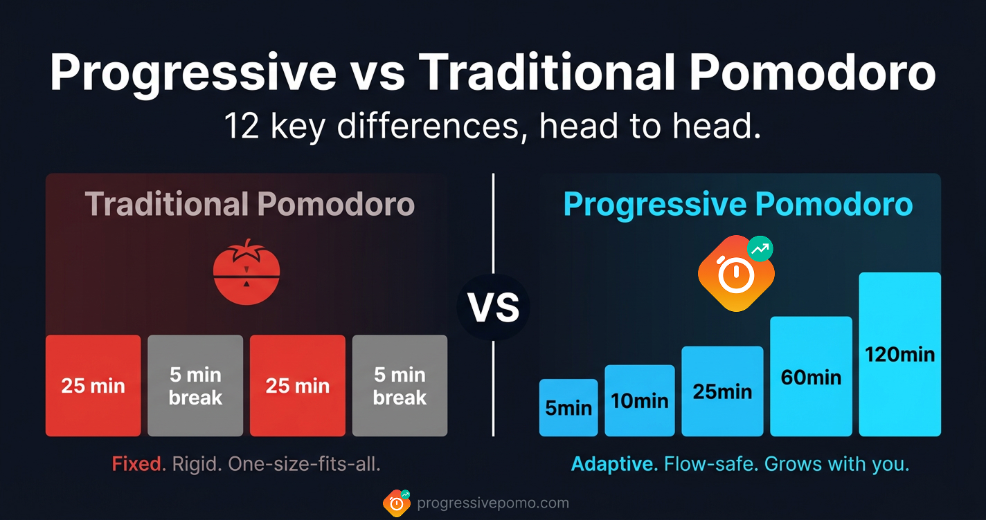 Progressive Pomodoro vs Traditional Pomodoro — complete comparison of adaptive vs fixed focus timers